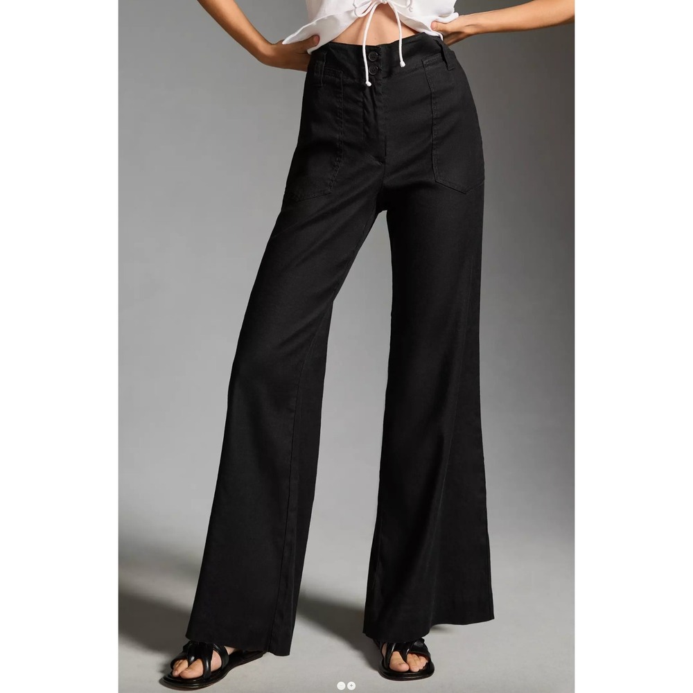 Maeve by Anthropologie Naomi Linen Black Wide Leg Blend Trousers Pants‎ Size 0
